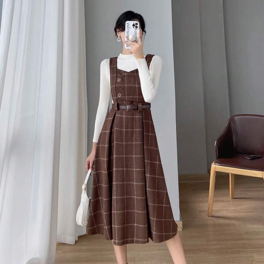 2424Vestido de Lana a Cuadros para Mujer, Estilo Vintage de Otoño Invierno con Tirantes, Falda Midi de Cintura Alta con Cort... - Base caqui + albaricoque - Ver 1