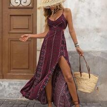 jianchaimaoyi02  Vestido de verano casual y romántico para vacaciones, con tirantes finos y rayas, en color marrón - Multicolor - Ver 4