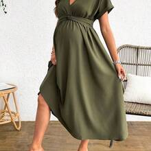 Cheriluna Maternity Vestido elegante de manga corta con cuello en V y cintura retorcida, estilo vuelo, para maternidad, verano - Verde militar - Ver 4