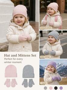 3 pezzi Set di cappello e guanti lavorati a maglia per bambini e bambine autunno/inverno, set di 3 pezzi con berretto invernale + guanti, set di cappello lavorato a maglia casual per neonati e bambini piccoli, morbido e caldo, colore unito minimalista, disponibile in più colori - 3 pezzi - Visualizzare 4