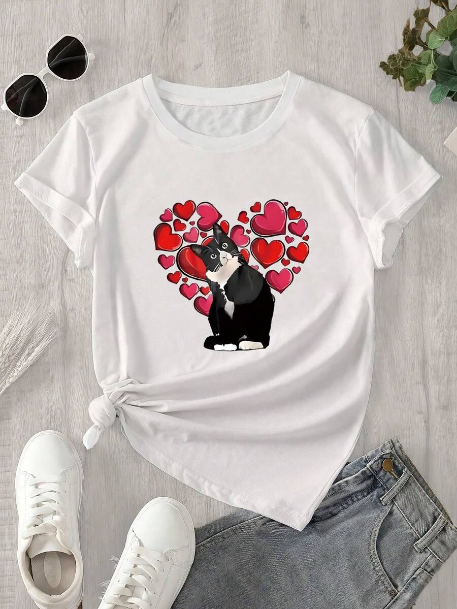 Camiseta de manga corta y cuello redondo para mujer con estampado de gatos rodeado de corazones rojos, apta para todas las estaciones. - Blanco - Ver 1