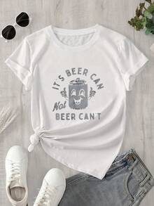 Camiseta de manga corta con cuello redondo para mujer con estampado de lata de cerveza, apta para todas las estaciones. - Blanco - Ver 1