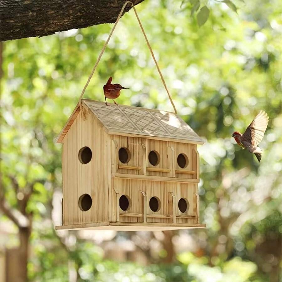 Bird Houses For Outside, 12 Hole Wooden Bird House For Bird Families, Hanging Birdhouse Nesting Box For Wren Finch Bluebirds, Outdoor Garden Bird Hotel - 1 - View 1