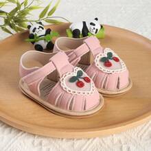 1 Pair Girls Heart Embroidery Cherry Hook And Loop Design Baby Toddler Sandals, Spring Autumn Summer - Pink - View 11