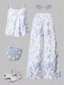 女童碎花度假套装，吊带背心和阔腿碎花裤，夏季装扮，公主风 - 白色 - 查看 2