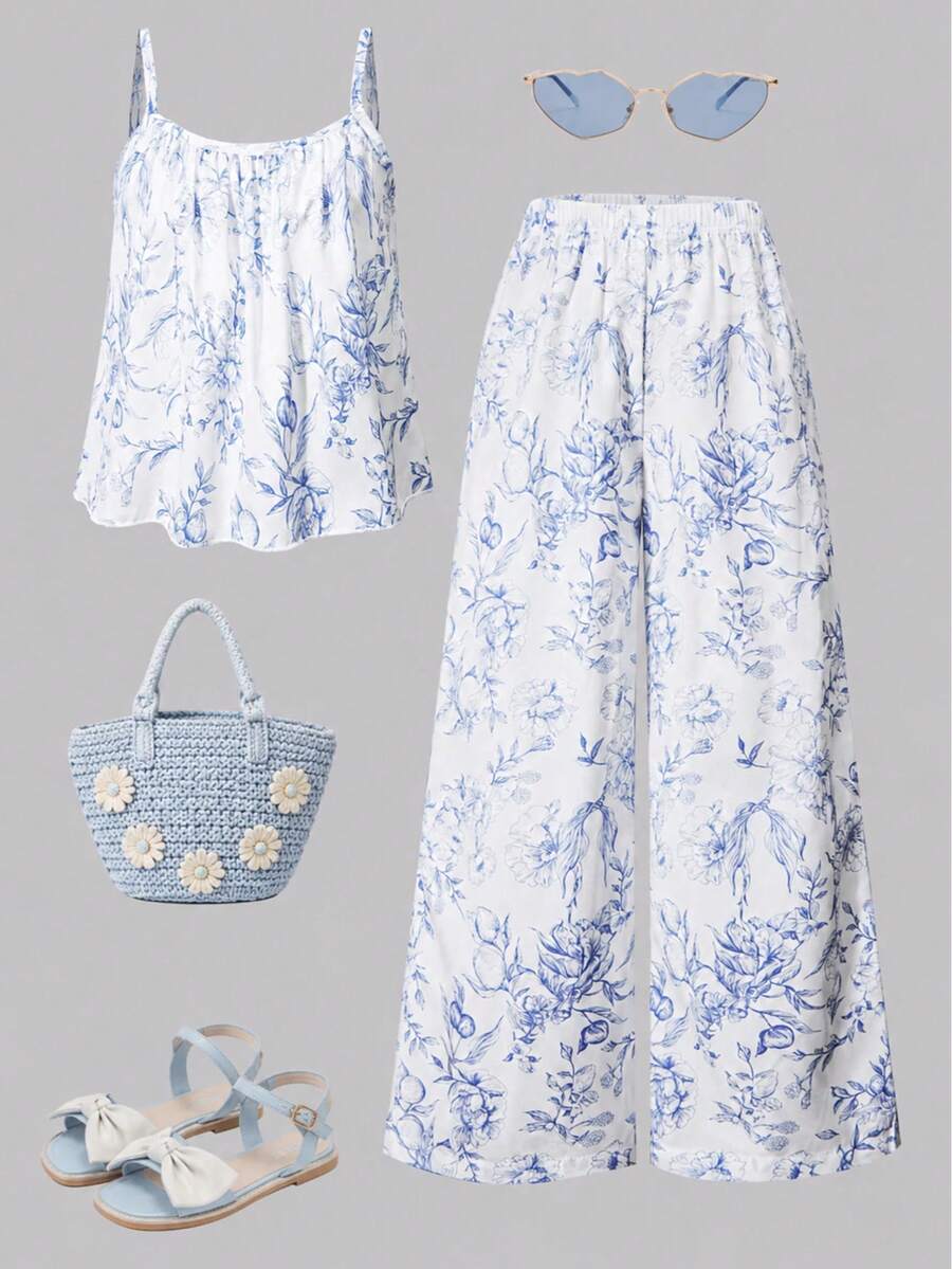 女童碎花度假套装,吊带背心和阔腿碎花裤,夏季装扮,公主风 - 白色 - 查看 1