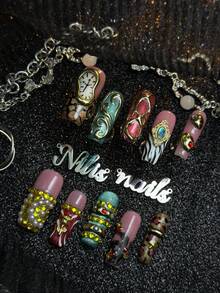 10 piezas de uñas postizas cuadradas largas totalmente cubiertas hechas a mano, colores dorado&rosa&rojo&verde menta, decoración 3D de reloj&piedras preciosas&perlas&patrón geométrico dorado&estampado animal, reutilizables, estilo vintage de lujo Y2K, adecuadas para fiestas & uso diario - Multicolor - Ver 2