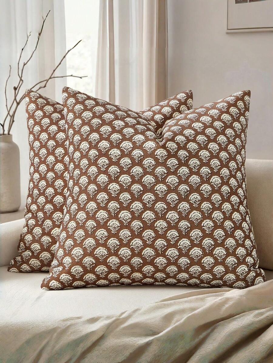 2 Peças Capas de Almofada Decorativas Florais, Estampa Vintage Neutra Estilo Boêmio Fazenda, Decoração Moderna de Primavera para Casa, Adequado para Sofá Cama Sala de Estar, 18x18 Polegadas - Castanho - Visão 1