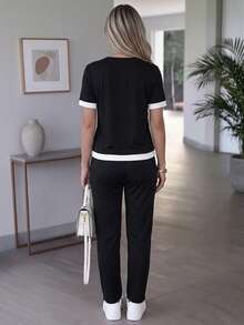 Women's Spring/Summer Casual Matching Contrast Color V-Neck Short Sleeve Top And High Waist Drawstring Straight Leg Pants 2-Piece Set Black Elegant - Black - View 5