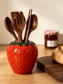 1pc Strawberry Shaped Ceramic Kitchen Utensil Holder, Large Capacity Cooking Utensil Can, Suitable For Kitchen Countertop, Ceramic Kitchen Utensil Storage Rack, Can Store Spatulas And Other Items, Kitchen Home Decor - Vintage Red - View 1