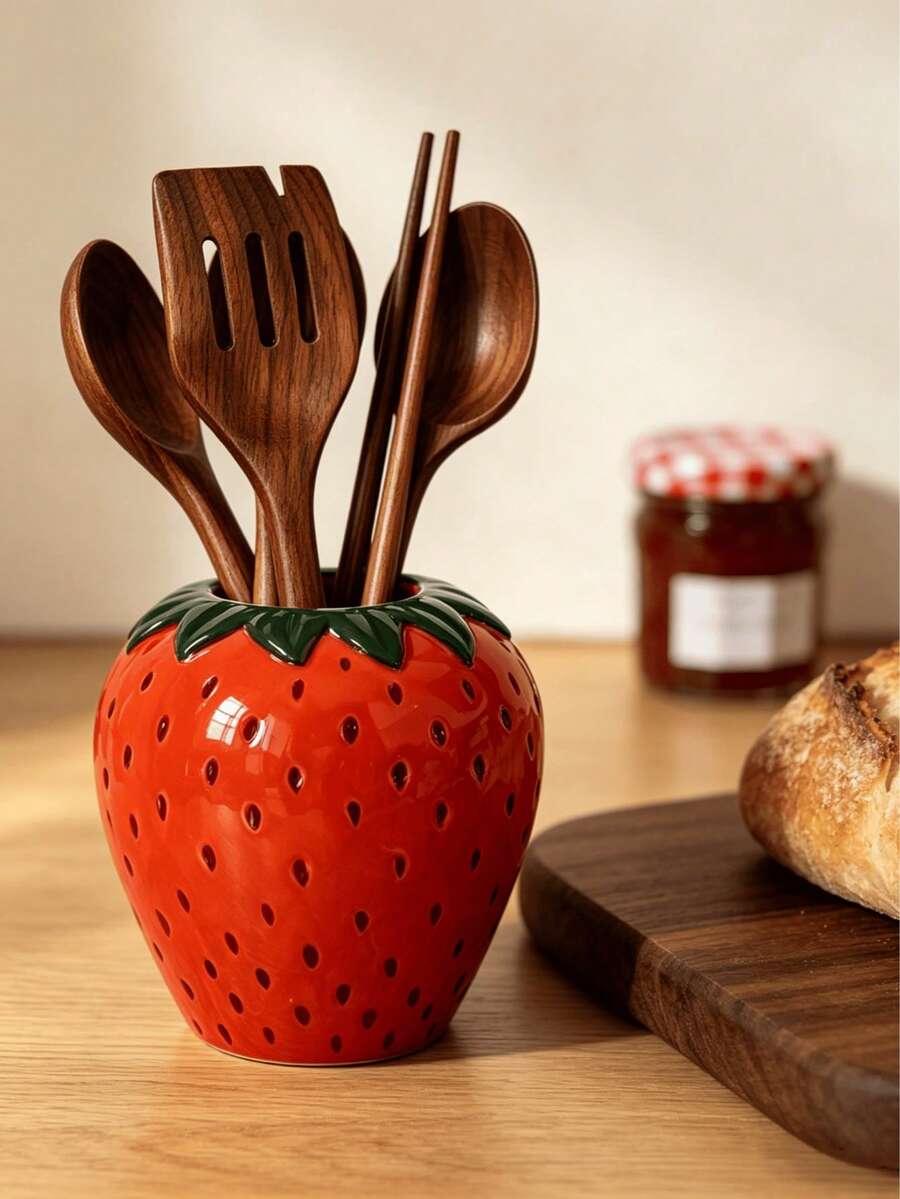 1pc Strawberry Shaped Ceramic Kitchen Utensil Holder, Large Capacity Cooking Utensil Can, Suitable For Kitchen Countertop, Ceramic Kitchen Utensil Storage Rack, Can Store Spatulas And Other Items, Kitchen Home Decor - Vintage Red - View 1