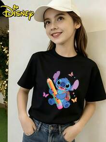 Women's Disney Lilo & Stitch Stitch With Pencil & Butterflies Summer Crew Neck T-Shirt, Lightweight & Breathable, Skin-Friendly & Soft, Ideal For Daily Casual Outings - 黑色 - 查看 1