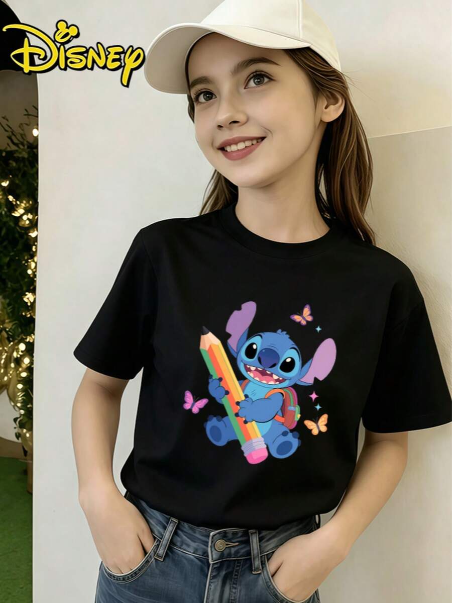 Women's Disney Lilo & Stitch Stitch With Pencil & Butterflies Summer Crew Neck T-Shirt, Lightweight & Breathable, Skin-Friendly & Soft, Ideal For Daily Casual Outings - 黑色 - 查看 1