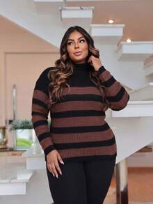 Women's Plus Size Striped Turtleneck Knit Blouse For Cold Weather - Black and Dark Brown - View 3