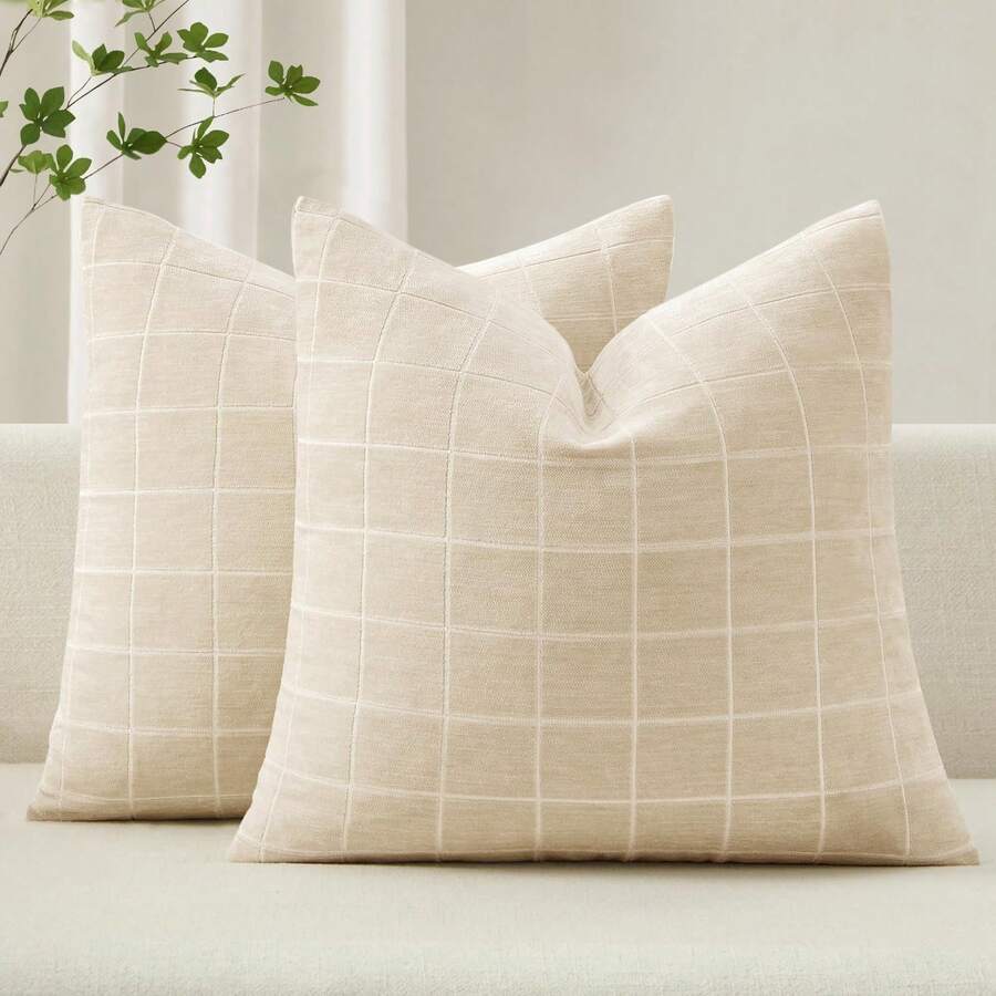 (1Pc,2Pcs Available)Decorative Chenille Check Throw Pillow Covers Vintage Plaid Couch Pillows 18x18 Inch Neutral Boho Farmhouse Cushion Covers Modern Spring Coastal Decor For Sofa Bed Living Room Blue - Beige - View 1