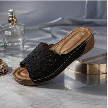 Women Summer Wedge Heel Thick Soled Bohemian Style Sandals Comfortable Platform Espadrilles For Beach Vacation - Black - View 7