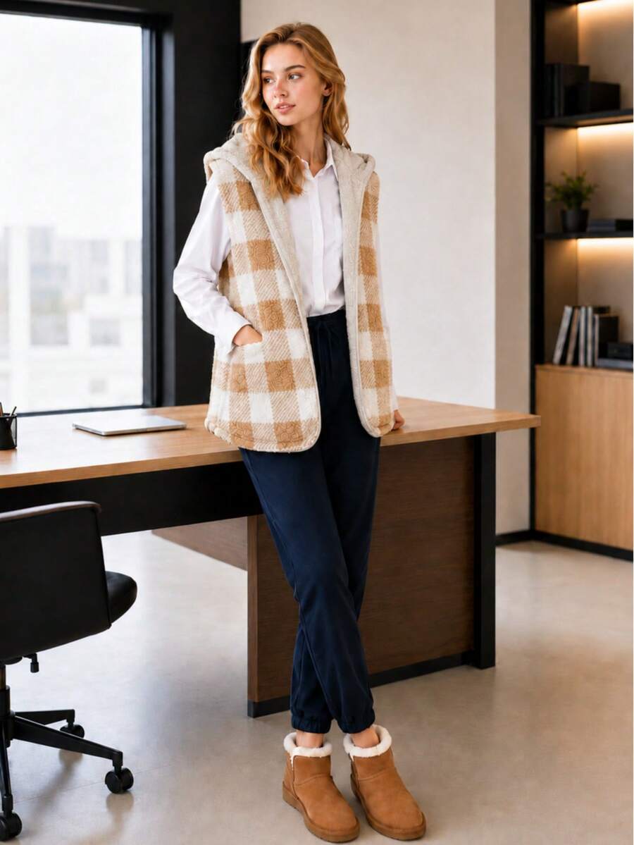 Women's Winter Fleece Vest With Reversible Hood. - Apricot - View 1