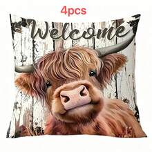 1/2/4Pcs Highland Cow Welcome Throw Pillow Cover, Rustic Farmhouse Style Peach Skin Velvet Pillowcase, Decorative For Sofa & Chair, All-Season Indoor/Outdoor Home Decor, Pillow Insert Not Included - Multicolor - View 9