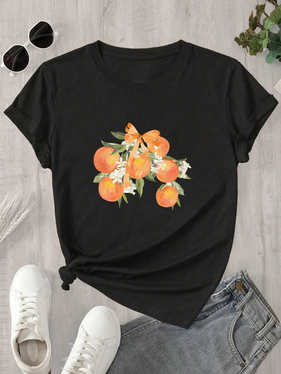 Top de mujer de manga corta y cuello redondo con fondo naranja y estampado floral, apto para todas las estaciones. - Negro - Ver 1
