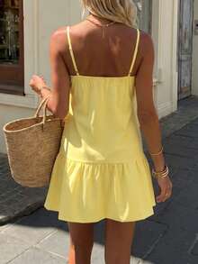 Women's Casual Elegant Bohemian Style Sleeveless Deep V-Neck Ruffle A-Line Midi Dress, Perfect For Summer Vacation And Party Wear Yellow - Yellow - View 2