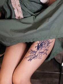 1 Pc Semi-Permanent Dark Spirit Wolf Tattoo Sticker With Abstract Swirl Design, Waterproof 7-14 Day Lasting Fake Tattoo, Gothic Grunge Body Art For Thighs & Legs - Black - View 4