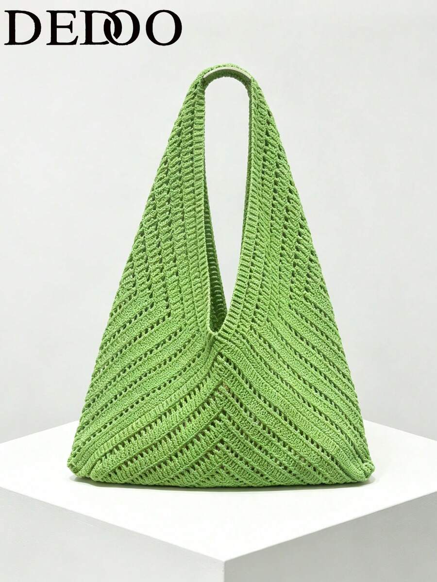 Dedoo French Style Large Opening Dumpling Shaped Crochet Bag, Presenting A Hollow V-Shape (Fishbone Pattern) Rhombus Grid Design. Minimalist Vacation Style Handbag, Suitable For Summer Beach Travel, Daily Commute, Shopping, And Dates. - Green - View 1