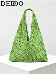 Dedoo French Style Large Opening Dumpling Shaped Crochet Bag, Presenting A Hollow V-Shape (Fishbone Pattern) Rhombus Grid Design. Minimalist Vacation Style Handbag, Suitable For Summer Beach Travel, Daily Commute, Shopping, And Dates. - Green - View 7