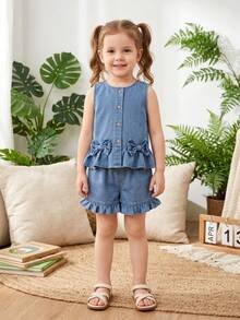 2pcs/Set Toddler Girls' Fashionable Street Casual Outdoor Versatile T-Shirt & Retro Denim Shorts Set, Summer - Medium Wash - View 7