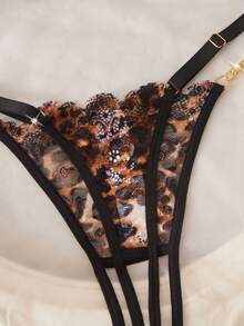 Women's Sexy Lingerie Set, Black Leopard Print Lace Trim With Gold Chain, 1/4 Cup Cut-Out Hollow Design, Breathable Unpadded, Adjustable Shoulder Straps, 2-Piece Set - Multicolor - View 7