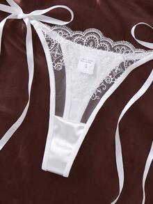 ROMWE Kawaii 2pcs/Set Women's Embroidered Lace Lingerie Set, Semi-Sheer Heart-Shaped Bra With Bow Panties, Comfortable Home Style Women's Two Pieces Set - White - View 5