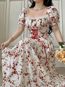 Elegant Long-Sleeved Dress With A Lace Collar And Fitted Hem, Featuring A Charming And Romantic Floral And Lace Design, Ideal For Holidays, Women's Dress - 鵝黃色 - 查看 6