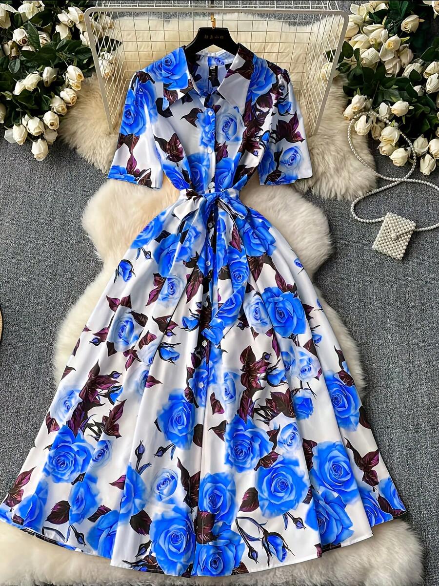 Elegant Women's Floral Print Dress With Short Sleeves, Lapel Collar, And Fitted Waist - Romantic Rose Design, Perfect For Spring Outings, Garden Parties, And Casual Events | Garden Party Dress | Floral Print Dress | Stylish Dress - 藍色 - 查看 1