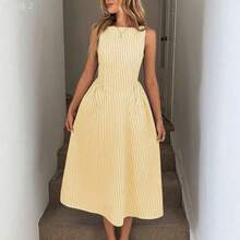 xuehuamaoyi02  X GALILEA  LUNE Vestido midi entallado en la cintura con pliegues, de cuello redondo y sin mangas, de tela de algodón a rayas, casual, elegante para el resort y uso diario para mujeres - Azul y blanco - Ver 7
