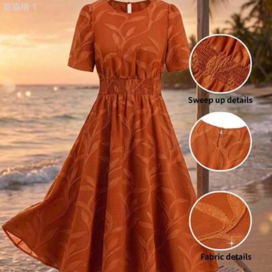 jianchaimaoyi02 Vestido elegante de longitud media con cuello redondo, manga corta, estampado floral y cinturón para mujer - Naranja Quemada - Ver 1