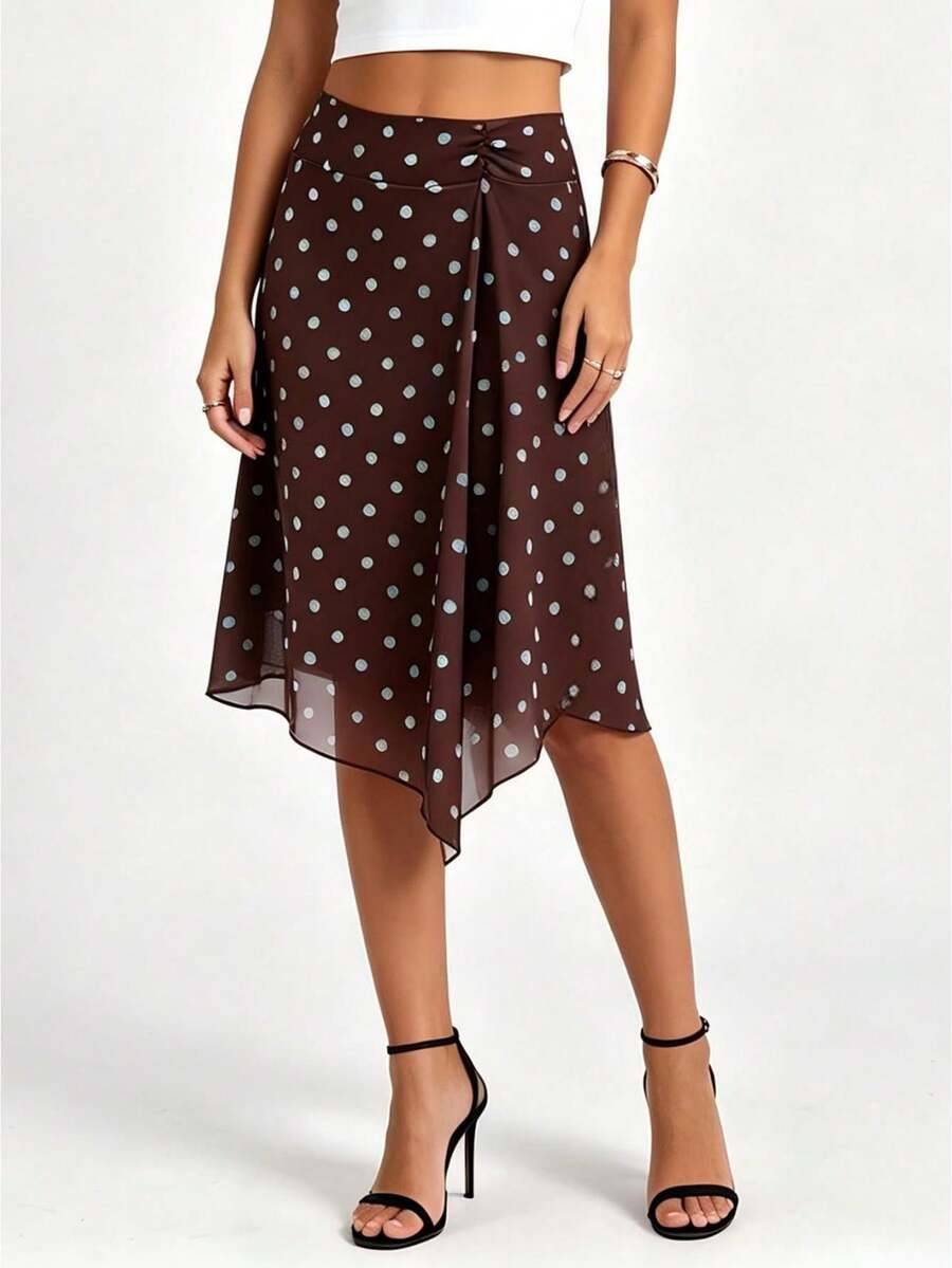 Womens Summer Midi Skirt A Line Stylish Dot Print Asymmetrical Hem Mid Rise Skirts - Marrón - Ver 1