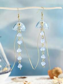 1 Pair Women's Jellyfish Pendant Earrings, Cute Ocean Theme Crystal Tassel Earrings, Summer Beach Accessories - Baby Blue - View 1