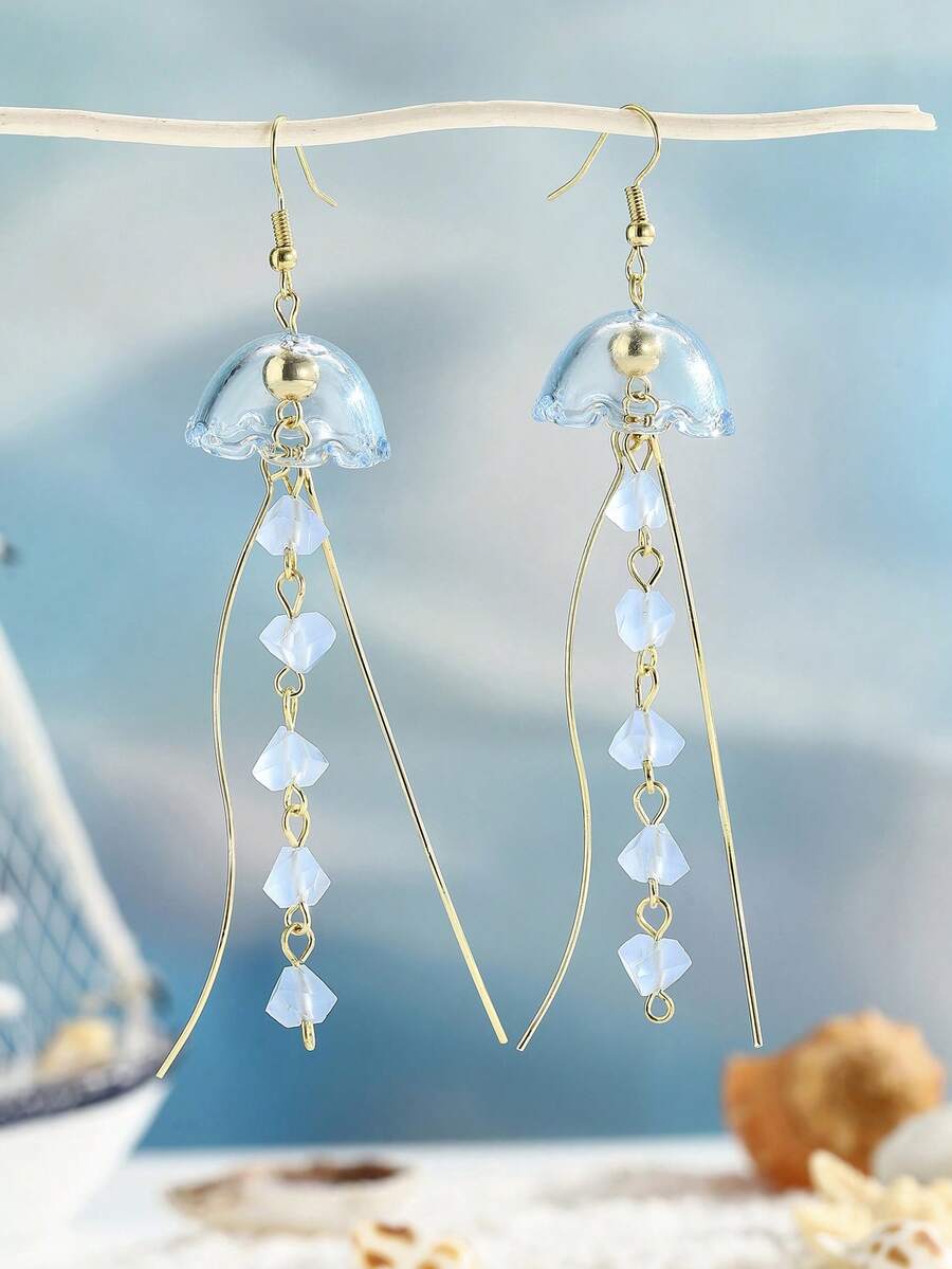 1 Pair Women's Jellyfish Pendant Earrings, Cute Ocean Theme Crystal Tassel Earrings, Summer Beach Accessories - Baby Blue - View 1