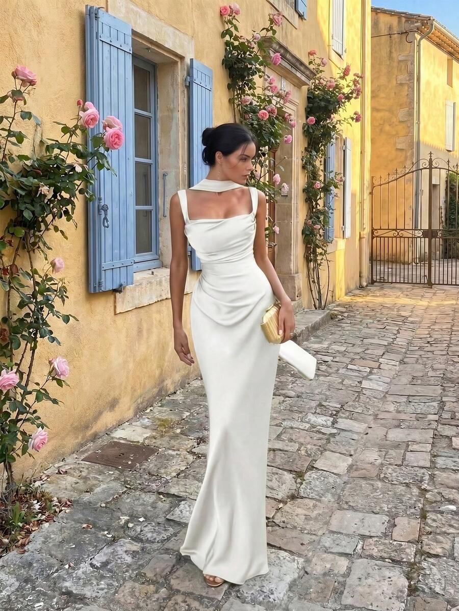 Vestido de satén con tirantes de cinta de unicolor elegante y glamuroso, encantador para fiestas, citas, vacaciones, vestido largo para mujeres - Blanco - Ver 1