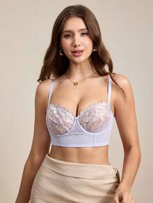 Hourtrue Pakaian Dalam Wanita Elegan Bordir Berkawat Seksi Tanpa Lapisan Jala & Renda Ungu Korset Minimizer Bra Panjang Pakaian Dalam Pengantin Pernikahan - Purple - View 5