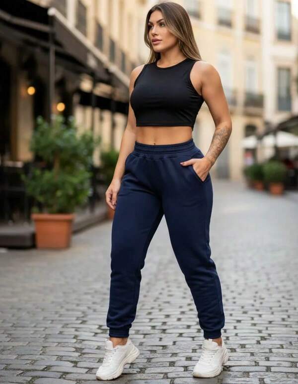 calça jogger feminina moleton flanelada cintura alta