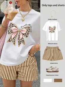 Striped Shorts Matching Set Retro Bear Graphic Tee And Striped Shorts Co-Ord Oversized Bear Print Tee And Striped Shorts Two-Piece Set - White - View 1