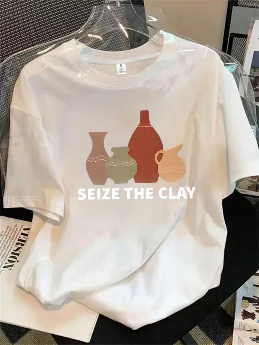 Conjunto de camisa de manga corta y cuello redondo para mujer con tres jarrones apilados, estampado en las mangas cortas, apto para todas las estaciones. - Blanco - Ver 1