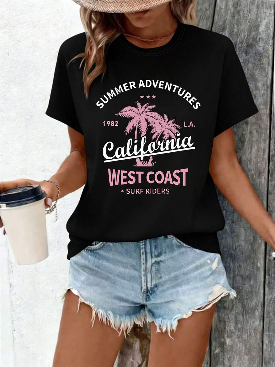 Camiseta de Manga Corta para Mujer, Estilo Retro de Surf, con Estampado de Texto, Cuello Redondo, Primavera-Verano, Ecológica, Premium, Oeste de California - Negro - Ver 1