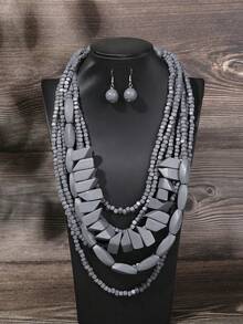 Bộ 2 món vòng cổ và bông tai phong cách Bohemian màu đỏ hồng trơn vân gỗ xếp lớp, phụ kiện đa năng cho đi làm hàng ngày và hẹn hò - Xanh đậm - Xem 8