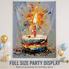 39''x59'' 生日快樂背景布，附生日蛋糕，油畫風格攝影背景牆面橫幅，生日派對裝飾 - 查看 16