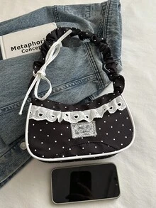 Fashion Pleated Polka Dot Lace Trim Handheld Shoulder Underarm Bag - Black - View 8