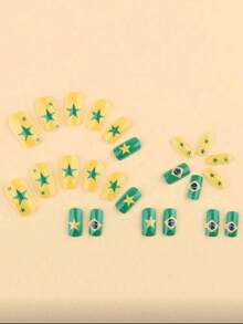2026 World Cup Theme Wearable Nails Brazil Flag Yellow & Green Color Block Star Nail Art Tips Fan Fake Nails - Multicolor - View 3