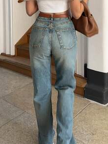 MYOURSA Women's Straight Leg Jeans, Distressed Washed Y2K Style, Casual Streetwear Summer, Vintage Blue - Light Wash - View 4