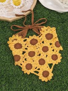 1pc Bohemian Vacation Style Yellow Hollow Knit Sunflower Triangle Scarf - Multicolor - View 16