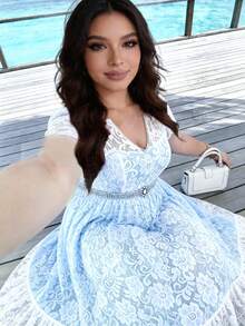 Plus Size Women's Long Dress, Elegant And Simple With Lace Details, Ideal For Holidays Or Parties, Belt Not Included - 磨砂黑 - 查看 6